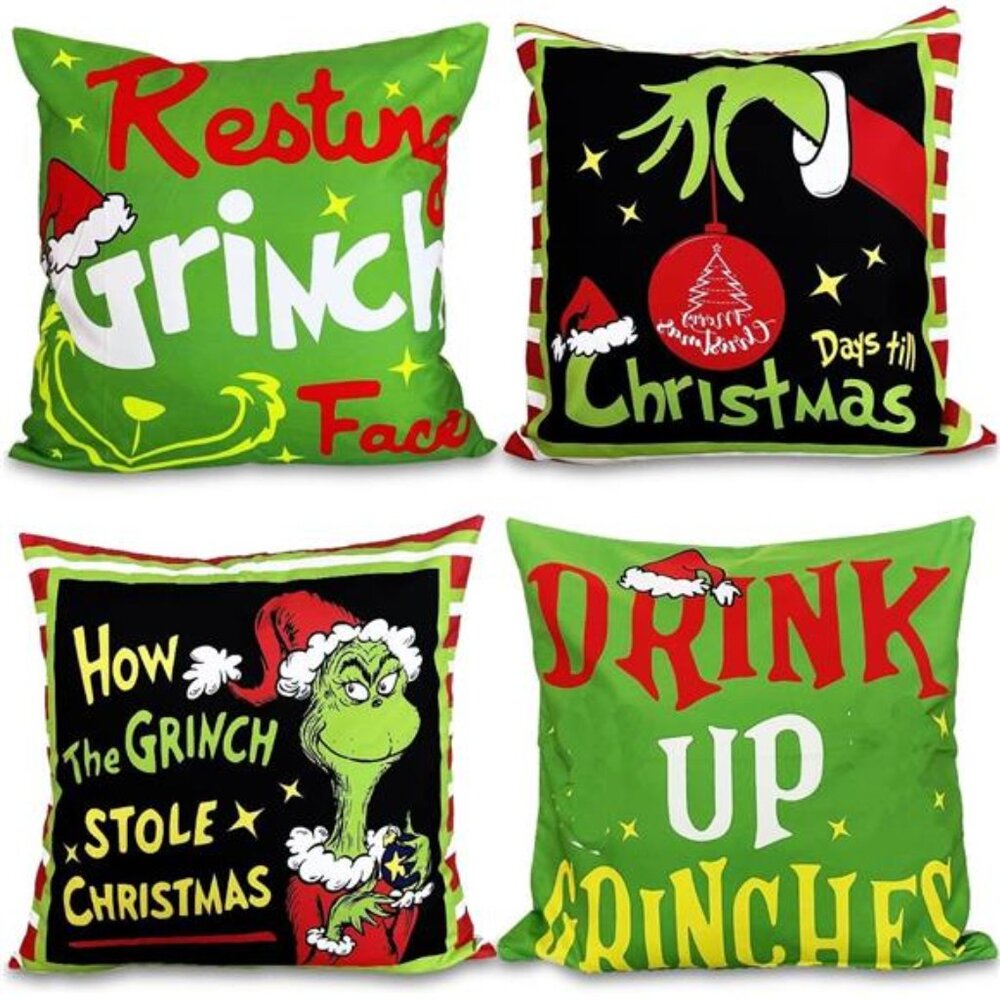 Set of 4 Merry Christmas Throw Pillow Covers, 20x20, Black & Green Holiday Decor